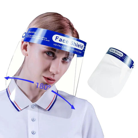 Woman wearing Fog Free Clear Face Shield For Glasses Wearers Pack Of 10 Anti Fog Coating Easy On Reusable Shield with comfortable fit