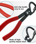Exhaust hanger removal pliers with red handles and black curved jaw (front view).