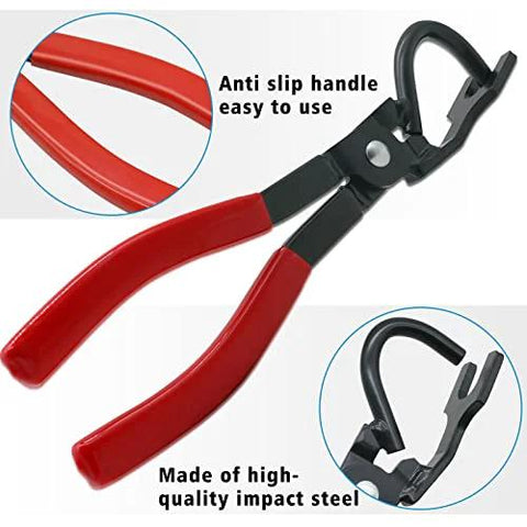 Exhaust hanger removal pliers with red handles and black curved jaw (front view).