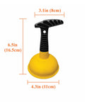 Compact Mini Sink Plunger With Short Handle That Slams Down Grease And Food Clogs Instantly Uses Thick Soft Rubber To Keep Your Drains Flowing Smooth As Butter In Classic Yellow, measuring 6.5in tall.