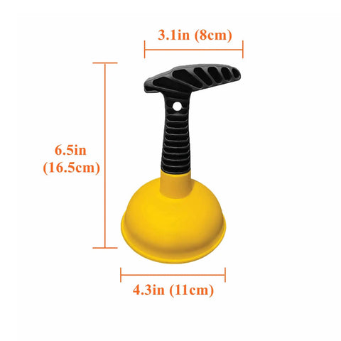Compact Mini Sink Plunger With Short Handle That Slams Down Grease And Food Clogs Instantly Uses Thick Soft Rubber To Keep Your Drains Flowing Smooth As Butter In Classic Yellow, measuring 6.5in tall.