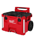 Professional Grade M18 Fuel Four Pack Cordless Power Tool Combo Kit Featuring Heavy Hitting One Half Drill Fast Draw Impact Wrench And Kickin Sawszall Saw Built For Long Shifts On Site With Top Shelf Performance in a rugged red tool storage box with wheels.