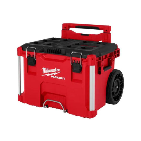 Professional Grade M18 Fuel Four Pack Cordless Power Tool Combo Kit Featuring Heavy Hitting One Half Drill Fast Draw Impact Wrench And Kickin Sawszall Saw Built For Long Shifts On Site With Top Shelf Performance in a rugged red tool storage box with wheels.