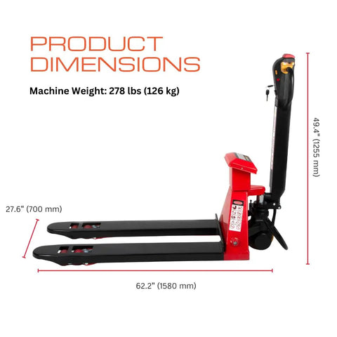 Huge Capacity Electric Pallet Jack With Built In Scale For Warehouse Moving Heavy Loads Up To 4400 Lbs dimensions with weight details.