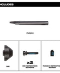 Punch And Die Set For M12 FUEL Nibbler, includes punch, die, retention screws, fits Milwaukee Tool 16 Gauge, cuts 18 gauge stainless steel.