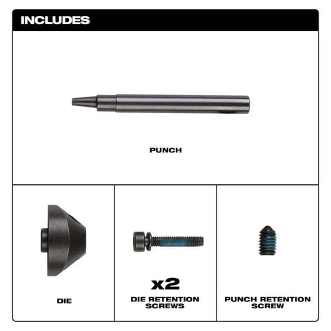 Punch And Die Set For M12 FUEL Nibbler, includes punch, die, retention screws, fits Milwaukee Tool 16 Gauge, cuts 18 gauge stainless steel.