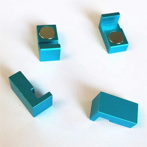 Four blue aluminum Magnetic Parallel Keepers for Vise and CNC Machining with ultra strong rare earth magnets, shown on white background.