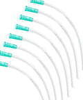Eight transparent plastic syringe tubing with teal fittings, 13-inch length