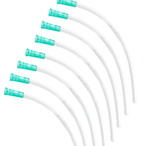 Eight transparent plastic syringe tubing with teal fittings, 13-inch length