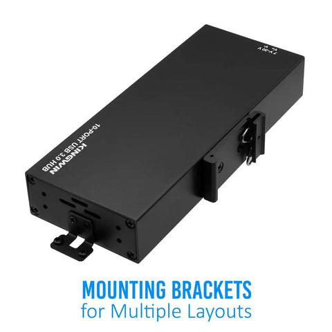Heavy-duty metal mountable Industrial USB 3.0 Hub with 10 ports and included mounting brackets, shown from side angle.