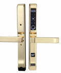 Hella Secure Fingerprint Smart Door Lock With Keyless Code Card And Mechanical Key Backup Waterproof Outdoor Biometric Electronic Deadbolt in gold finish.