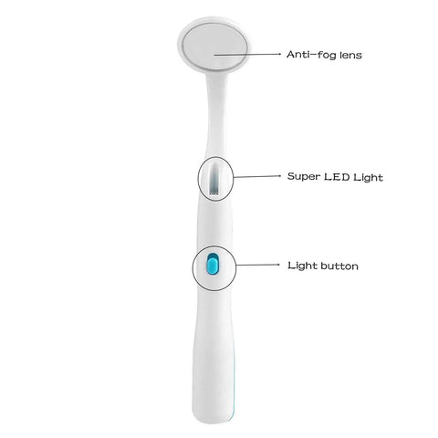 Two Pack LED Lighted Dental Mirrors For Self Check And Oral Care With Anti Fog Curved Angle Design, Dentist Grade Illumination, Easy On Off Button, ABS Handle, Great For Home Dental Exams And Easy Peasy Tooth Inspections. Anti-fog LED dental mirror with ABS handle and light button