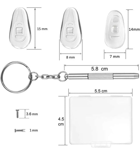 Soft Silicone Nose Pads Replacement Kit For Glasses With Screwdriver And Tweezers, includes silicone pads, screwdriver, and case