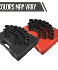 Heavy Duty Half Inch Drive 12 Point Metric Impact Socket Set, 26 Piece, CR MO Steel With Rugged Blow Molded Case in black and red