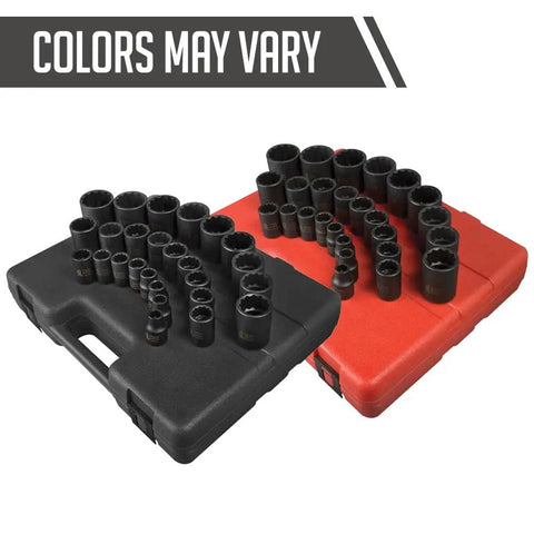 Heavy Duty Half Inch Drive 12 Point Metric Impact Socket Set, 26 Piece, CR MO Steel With Rugged Blow Molded Case in black and red