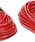Red 100 Ft Outdoor Extension Cord 12/3 SJTW, 2-Pack Heavy Duty 3-Prong Grounded Cables coiled side by side for yard tools and patio gear.