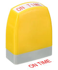 Straight Up Pre Inked Stamp With Sharp Red Ink For Instant On Time Notices, Yellow plastic frame, compact size.