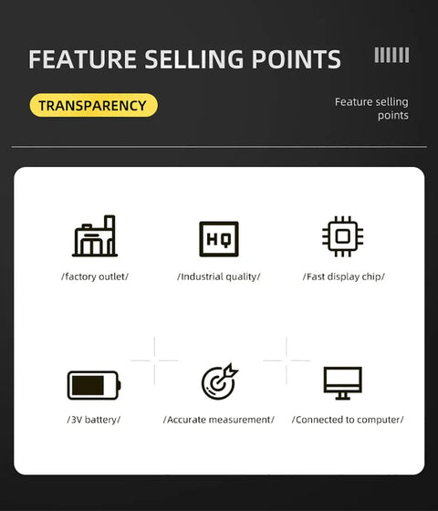 Infographic showing features of Dope Pro Grade Digital Dial Indicator Tool including factory outlet, industrial quality, fast display chip, 3V battery, accurate measurement, and computer connectivity.