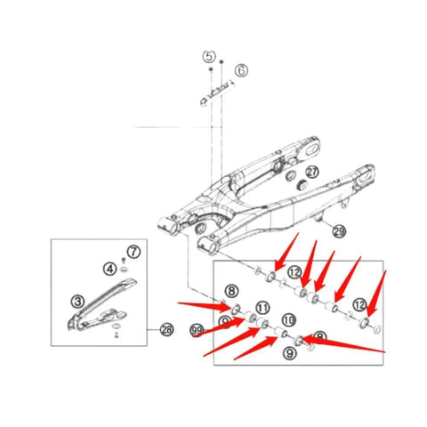 Exploded swing arm diagram for Motorcycle Swing Arm Maintenance Kit With Roller Needle Bearing Oil Seal And Bushing For Easy Service Fits EXC SXF XCF FC FE TE And TC Series Bikes Durable High Quality Components For Rugged Off Road Use.
