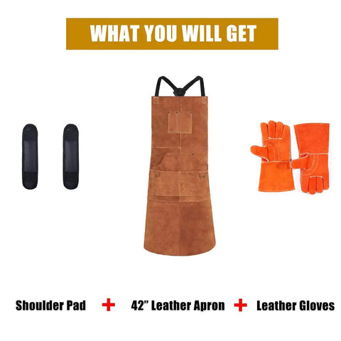 Beefy Heavy Duty Welding Apron With Gloves For Men, Heat And Flame Resistant Leather Shop Gear, Apron and Gloves Set