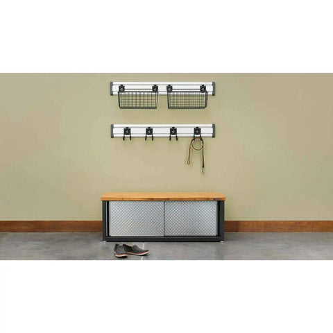 4 Foot GearTrack Channels For Garage Walls Beefy Heavy Duty Wall Mounts with baskets and hooks on a garage wall