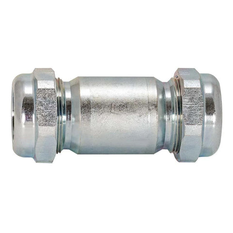 Side view of galvanized steel compression coupling, 3/4 in IPS, 4-1/8 in long.