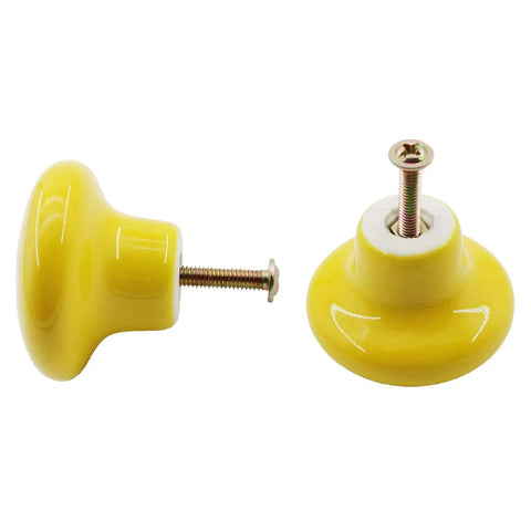 Top Shelf Handcrafted Ceramic Cabinet Knobs With A Slick Round Shape designed to Kick Start Your Kitchen Drawer Dresser Desk Closet Or Bathroom Renovation Projects, yellow ceramic, 28mm high, 38mm wide.