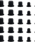 Grab This Awesome Set Of 50 Black Silicone Stopper Plugs In 5 Sizes For Tubes Bottles And Flows To Seal Ends Waterproof With Gorge Craft Quality Rubber Caps Perfect For DIY Projects Or Home Repairs Today. 50 black silicone stopper plugs in 5 sizes, arranged on white background