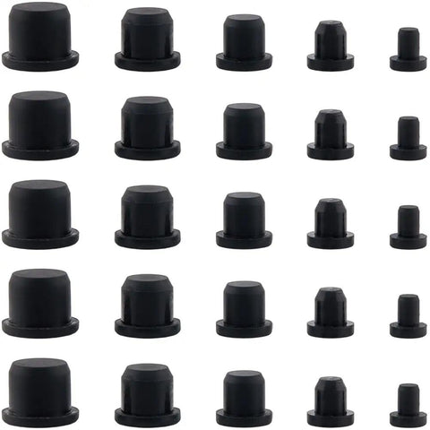 Grab This Awesome Set Of 50 Black Silicone Stopper Plugs In 5 Sizes For Tubes Bottles And Flows To Seal Ends Waterproof With Gorge Craft Quality Rubber Caps Perfect For DIY Projects Or Home Repairs Today. 50 black silicone stopper plugs in 5 sizes, arranged on white background