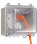 Beefy Outdoor 2-Gang Weatherproof In-Use Electrical Outlet Cover With Quick-Fit Mounting, NEMA 3R UL Listed, clear cover with plugged cord