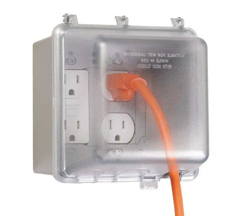 Beefy Outdoor 2-Gang Weatherproof In-Use Electrical Outlet Cover With Quick-Fit Mounting, NEMA 3R UL Listed, clear cover with plugged cord