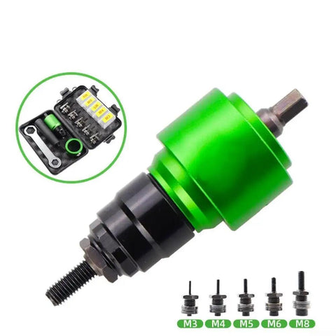Transform Your Drill Into A Power Riveting Tool With This Sleek Nutsert Adapter Kit, Featuring Five Size Mandrels And Twenty Heavy Duty Nuts For Top Tier Automotive Repairs And Home Improvement Projects Made Easy. drill rivet adapter kit, M3-M8 mandrels, metal body