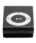Close-up of black Clip On MP3 Player with USB Cable and Earphones Ultra Lightweight Portable Music Player for Running and Hiking.