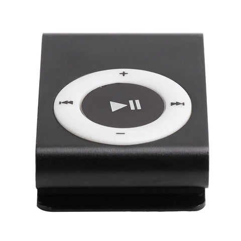 Close-up of black Clip On MP3 Player with USB Cable and Earphones Ultra Lightweight Portable Music Player for Running and Hiking.