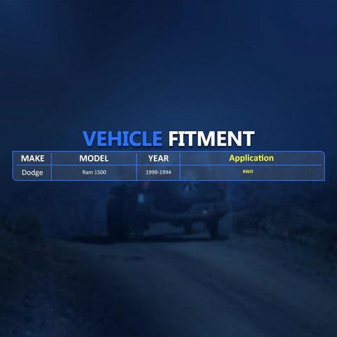 Vehicle fitment chart for Dodge Ram 1500 1994-1999, detailing application and model suitability.