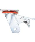 Heavy Duty Swivel Caster Bracket With Parking Brake, Four Inch Steel Rotating Wheel Frame, side view, rust resistant mount for bulky moves.