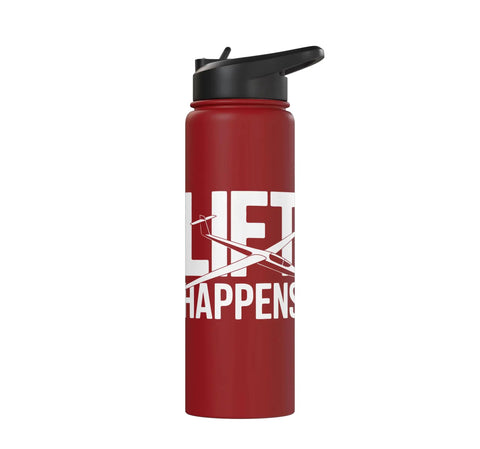Sailplane Pilot Insulated Stainless Steel Water Bottle For Glider Enthusiasts And Flight Crew Keeps Drinks Cold Or Hot During Thermal Lifts Ridge Soaring Tow Launches And Training Flights, red with black lid, lift slogan.