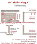 Installation diagram for Sliding Door Hardware Kit Heavy Duty Aluminum Track for Closets, showing panel and roller dimensions.