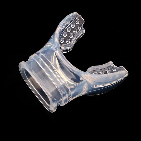 Close-up of Transparent Silicone Regulator Mouthpiece Set Of 6 For Scuba Diving on a black background