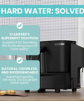 Clear360's SuperMist solution combats hard water stains effectively with a sleek, black countertop dispenser.