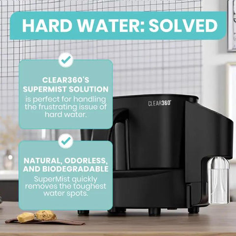 Clear360's SuperMist solution combats hard water stains effectively with a sleek, black countertop dispenser.