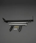 Heavy Duty Rear Traction Control Rod Assembly And Chassis Brace Kit Featuring Carbon Steel Build, black and silver parts with mounting hardware.