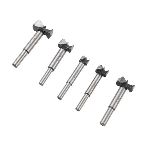 Heavy Duty Forstner Drill Bit Set 15 To 35 Millimeters with 5 bits in 15, 20, 25, 30, 35mm sizes, made from tough 45 steel.