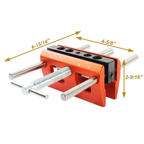 Patented Self Centering Dowel Jig Kit For Woodworking, Pro Grade Drilling Guide With 1/4, 5/16, 3/8, 7/16 And 1/2 Inch Bushings, 6 Inch Wide Capacity Doweling Jig, Adjustable Clamp