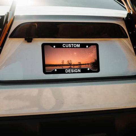 Rear view with Super Slick Custom License Plate Frame With 4 Holes And Personalization Add Text Or Image Logo Aluminum Front Car Tag.