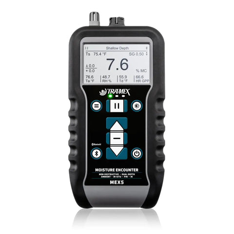 Moisture Encounter MEX5 No-Nonsense Digital Moisture Meter front view showing digital display and control buttons for moisture readings.