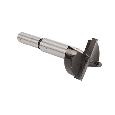 Hinge boring jig for woodworking with cutter and 16-in bit; metal shaft and black drilling head.