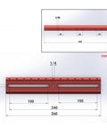Technical diagram of Red 260mm Aluminum Dovetail Finder Base Extension Rail For Telescope Rig, showing measurements and slots.