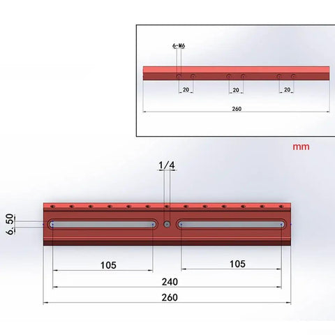 Technical diagram of Red 260mm Aluminum Dovetail Finder Base Extension Rail For Telescope Rig, showing measurements and slots.
