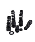 IP68 Waterproof M22 PG16 Cable Gland Connector With Spiral Flex Strain Relief, Lock Nut, Rubber Washer in 5-piece kit, Black PA66 Body